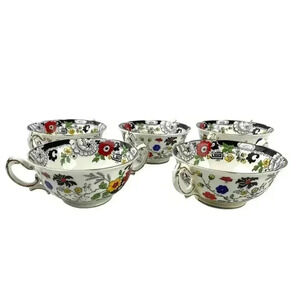 VTG Set of 5‎ Swansea Soup Dish Bowl Floral Pattern Bone China Canton Gold Trim